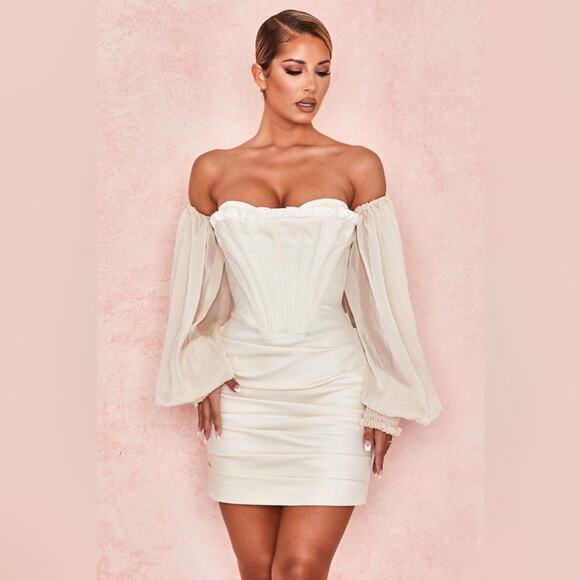 HOUSE OF CB Beau White Ivory Draped Corset Bustier Dreamy Flowy Chiffon Dress - Picture 9 of 16
